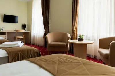 a hotel room with a bed and a chair and a table at Domus Hotel in Birštonas