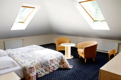 a bedroom with two beds and two chairs and skylights at Domus Hotel in Birštonas