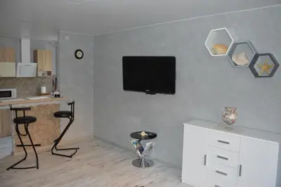a living room with a flat screen tv on a wall at Alanta in Druskininkai