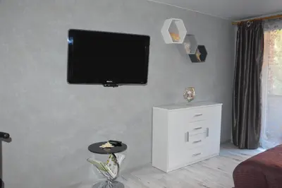 a living room with a flat screen tv on a wall at Alanta in Druskininkai