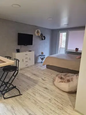 a bedroom with a bed and a tv and a desk at Alanta in Druskininkai