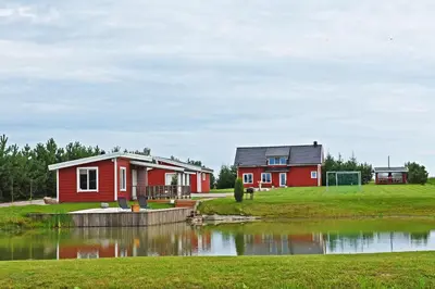 a house with a pond in front of it at Villa Ievynė in Paežeriai