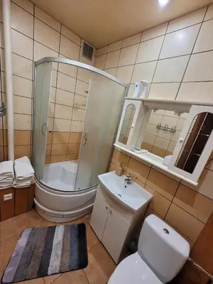 a bathroom with a shower and a toilet and a sink at Apartment on Kudirkos 20 in Vilnius