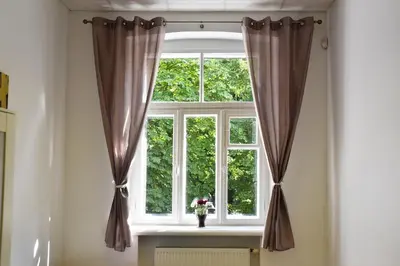 a window with curtains and a vase of flowers on a radiator at Laisves Avenue Hostel 