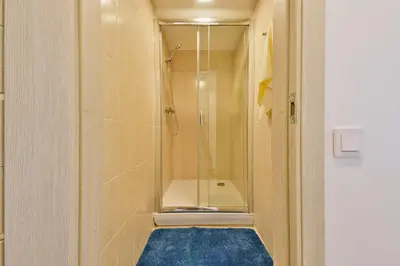 a bathroom with a shower and a blue rug at Laisves Avenue Hostel 