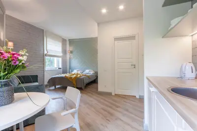 a kitchen and living room with a bed in a room at 9010 Apartments in Vilnius