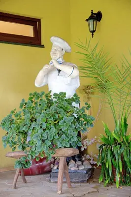 a statue of a chef standing next to a plant at Mamos virtuve in Avižieniai