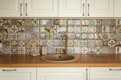 a kitchen counter with a sink and a tiled wall at #stayhere - Spacious 2BDR Two Floor I Heart of Old Town in Vilnius
