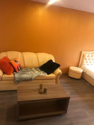 a living room with a couch and a coffee table at Trumpalaikė buto nuoma Rokiškyje su jacuzzi in Rokiškis