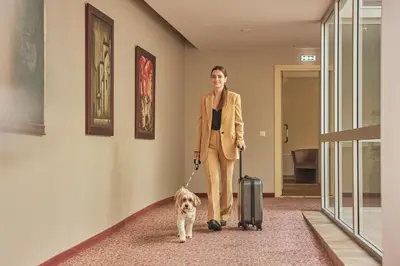a woman walking a dog with a suitcase at Ratonda Centrum Hotels in Vilnius