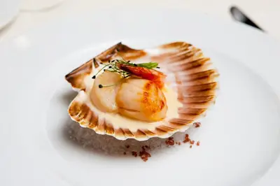 a plate of food with a oyster on a white plate at VILNIUS PARK PLAZA HOTEL & SPA, Restaurant, Panorama Bar, Conference & Banquet Center in Vilnius