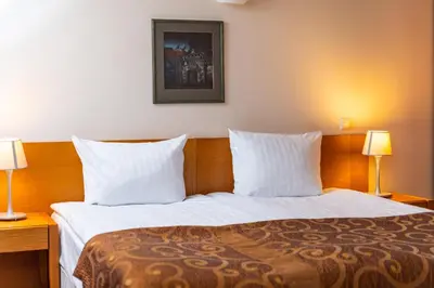 a hotel room with a bed with two pillows at Mabre Residence in Vilnius