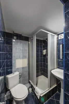 a bathroom with a toilet and a shower and a sink at Hotel Panorama in Vilnius