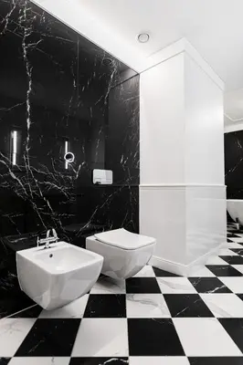 a black and white bathroom with a sink and a toilet at Grotthuss Boutique Hotel Vilnius in Vilnius