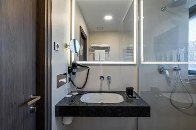 a bathroom with a sink and a shower at Congress Hotel in Vilnius