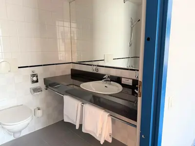 a bathroom with a sink and a toilet and a mirror at BEST BALTIC Kaunas in Kaunas