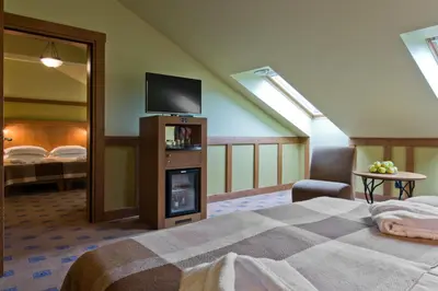 a bedroom with a bed with a tv on top at BEST BALTIC Hotel Druskininkai Central in Druskininkai