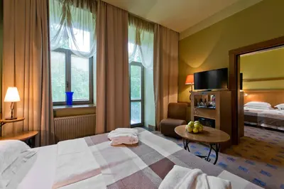 a hotel room with a large bed and a mirror at BEST BALTIC Hotel Druskininkai Central in Druskininkai