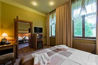 a bedroom with a bed and a desk and a mirror at BEST BALTIC Hotel Druskininkai Central in Druskininkai