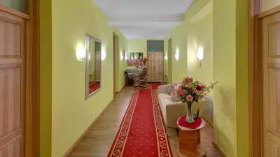a hallway with a couch and a vase of flowers on a red rug at In Astra in Vilnius