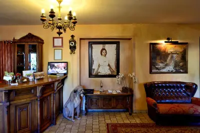 a living room with a dog standing next to a bar at Romantic Boutique Hotel & Spa in Panevėžys