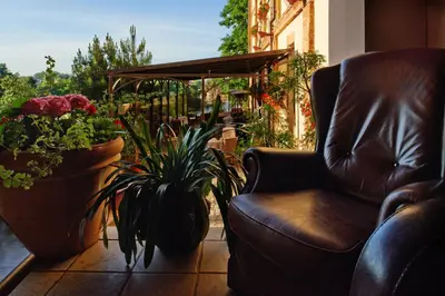a leather chair sitting on a balcony with plants at Romantic Boutique Hotel & Spa in Panevėžys