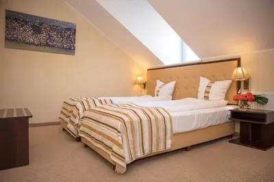 a hotel room with a large bed and a window at Romantic Boutique Hotel & Spa in Panevėžys