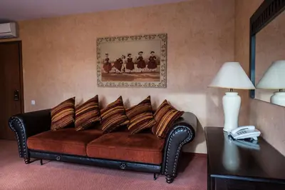 a couch with pillows in a hotel room at Grafo Zubovo Hotel & SPA in Bubiai