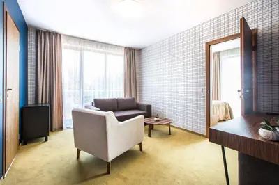 a living room with a couch and a chair at Viešbutis Simpatija in Druskininkai