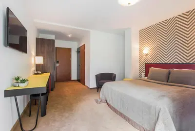 a hotel room with a bed and a desk at Viešbutis Simpatija in Druskininkai