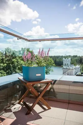 a blue planter on a table on a balcony at Viešbutis Simpatija in Druskininkai