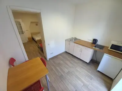 a small kitchen with a counter and a table at Kaunas Apartments in Kaunas