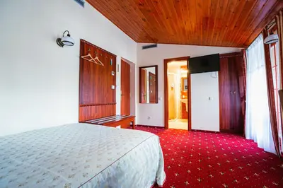 a bedroom with a bed and a wooden ceiling at Galia in Druskininkai