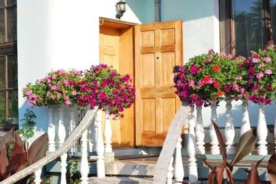 a bunch of flowers on a rail with a door at Nemunas Tour Residence in Kaunas