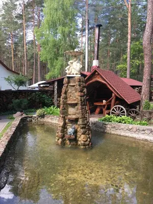 a pond with a fountain in the middle of a yard at Hotel Jerevan in Druskininkai