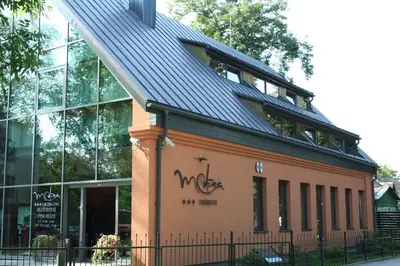 a building with a metal roof on top of it at Hotel Medūna in Druskininkai