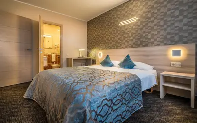 a hotel room with a large bed with blue pillows at Hotel Zemaites in Vilnius