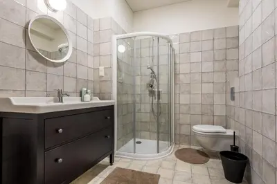 a bathroom with a shower and a sink and a toilet at Angel House Vilnius 38 in Vilnius