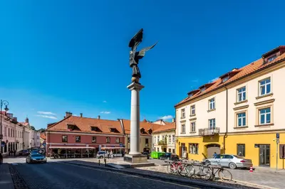 a statue on a pole in the middle of a street at Angel House Vilnius 38A in Vilnius