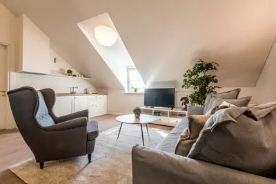 a living room with a couch and a tv at Angel House Vilnius 38A in Vilnius