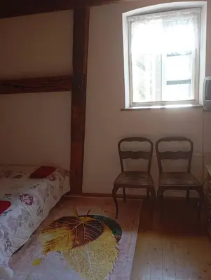 a bedroom with two chairs and a bed and a window at Gazdų Vandens Malūnas in Navininkai