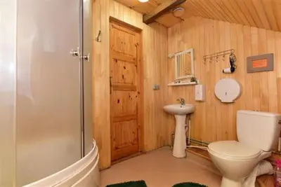 a bathroom with a toilet and a sink and a shower at Sodyba Sauletekis in Ignalina