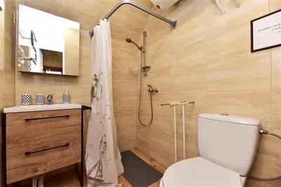 a bathroom with a shower and a toilet and a sink at Sodyba Sauletekis in Ignalina
