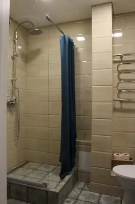 a shower with a blue shower curtain in a bathroom at Near Park Apartment in Druskininkai