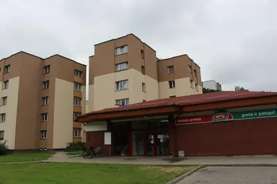 two tall apartment buildings in front of a building at Near Park Apartment in Druskininkai