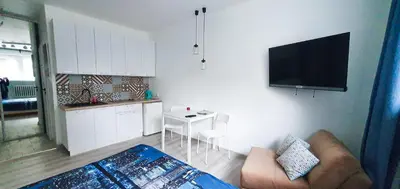 a living room with a couch and a table and a tv at K-Town - City Center Park Studio in Kaunas