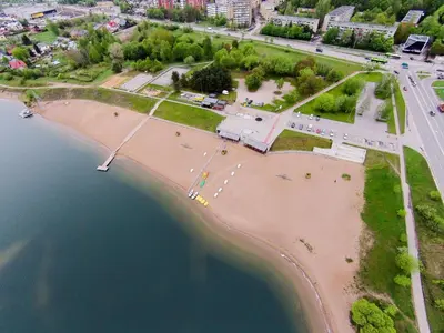 an aerial view of a beach near the water at Lampedziai Apartment in Kaunas