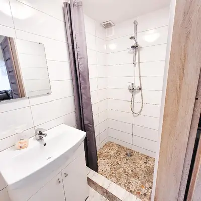 a bathroom with a sink and a shower at Lampedziai Apartment in Kaunas