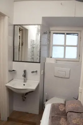 a bathroom with a sink and a toilet and a mirror at Mini Home Vilnius Old Town in Vilnius
