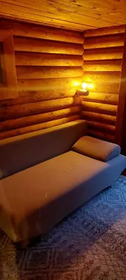 a bed in a room with a wooden wall at Sveciu namelis in Šiauliai